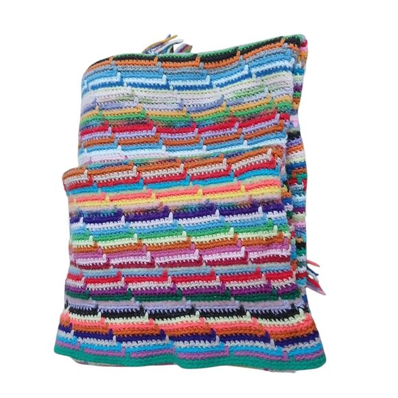 1980's Crochet Afghan Blanket Retro Rainbow Throw Fringe Ends Upcycled 67" x 52" - Picture 4 of 14
